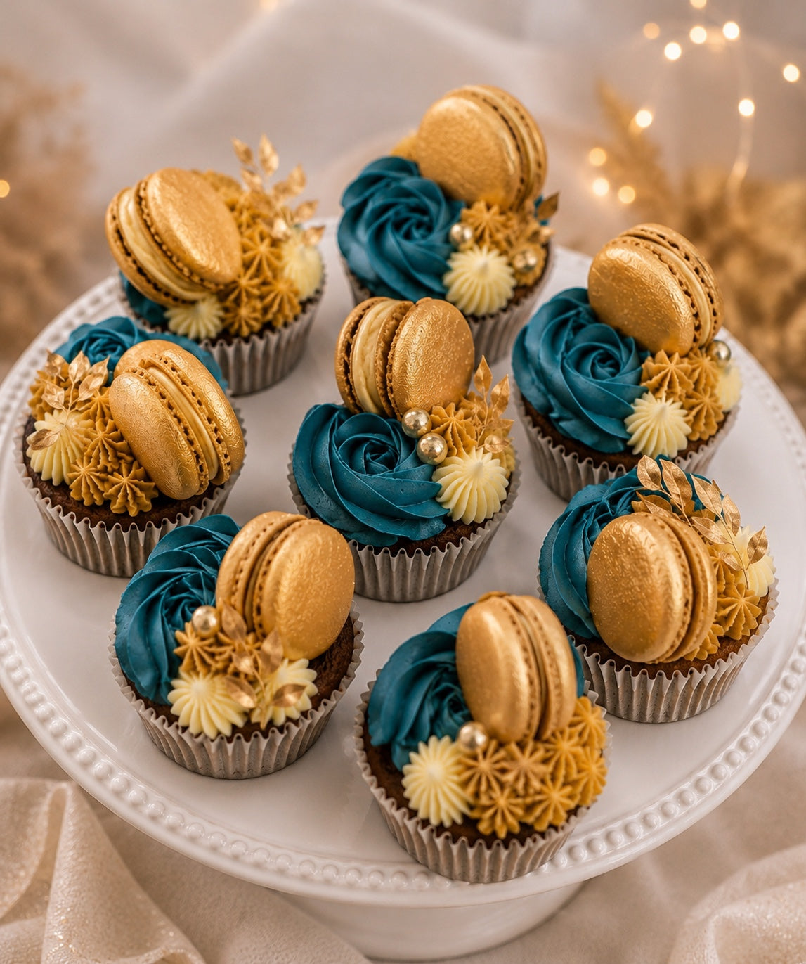 Luxury Teal & Gold Macaron Cupcakes