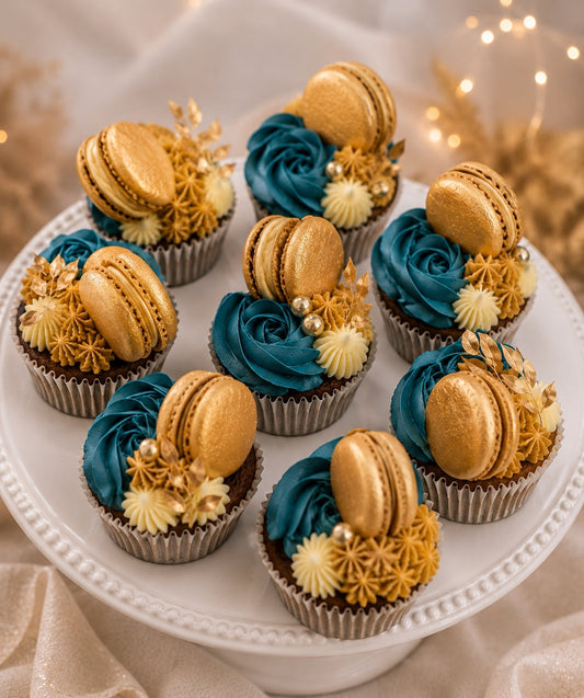 Luxury Teal & Gold Macaron Cupcakes